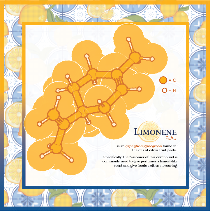 A creative representation of the molecular structure of limonene, the naturally occurring chemical compound found in the rinds of citrus fruits and many other plants.